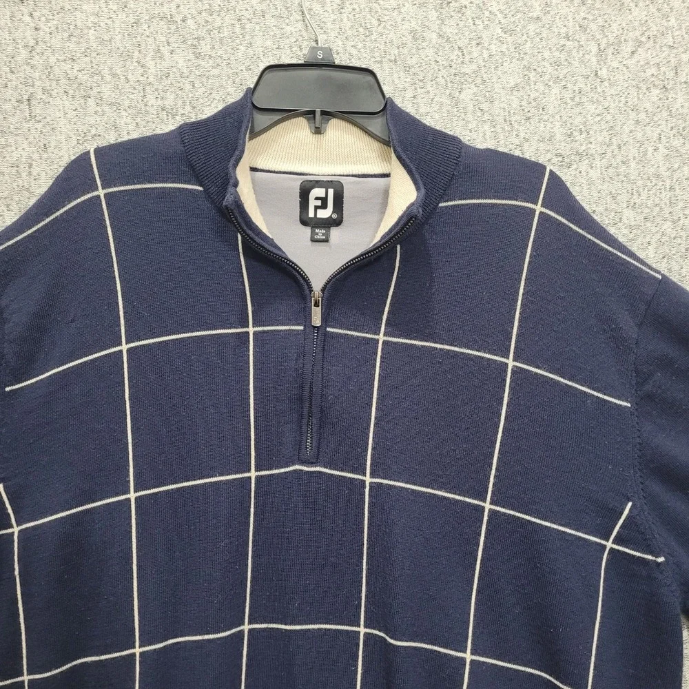 FootJoy Mens‎ Wool Full Zip Golf Sweater Navy Blue Windowpane Lined XLarge FJ